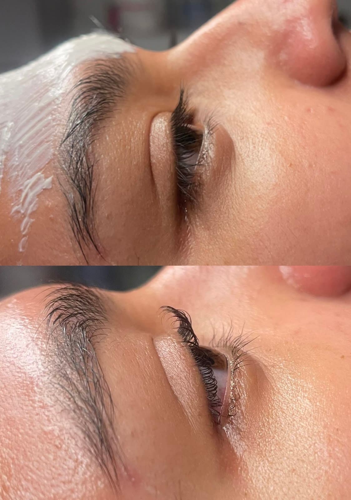Close up before and after comparison of a lash lift treatment, showing lashes coated in solution above and curled, lifted lashes below.
