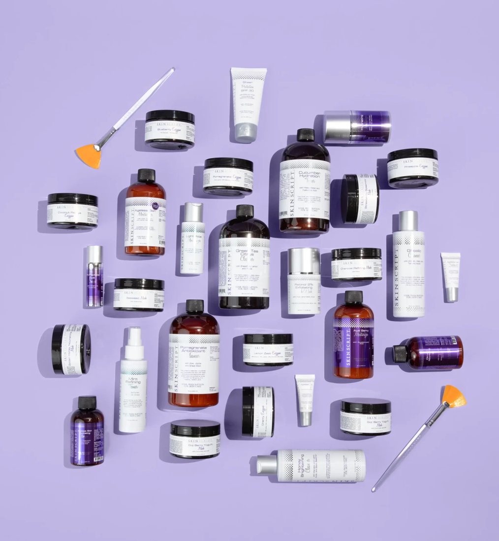 Skin Script Rx professional skincare products on a lavender background